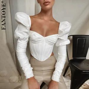Joskaa Fantoye Women Vintage Sexy Ruched Crop Tops Women Puff Sleeve Bodycon Tops Black Square Neck Irregular Tank Tops Tees Partywear