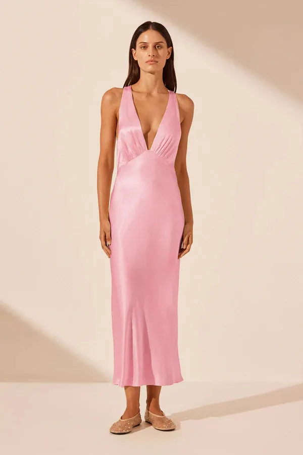 La Lune Plunged Cross Back Midi Dress - Peony