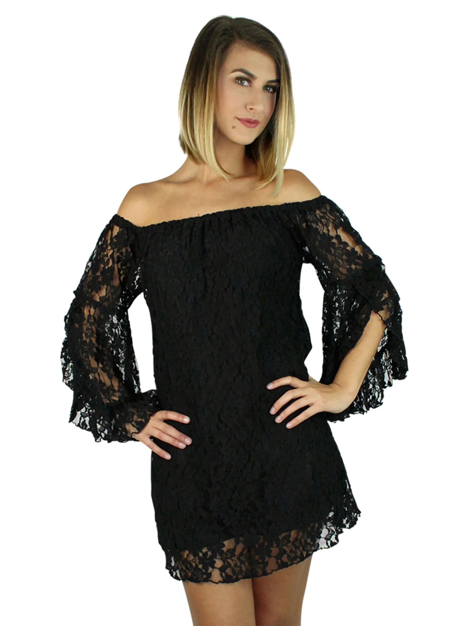 Lace Off The Shoulder Dress With Bell Sleeves