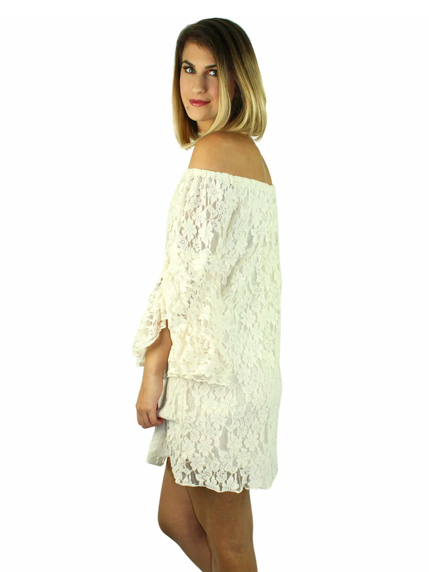 Lace Off The Shoulder Dress With Bell Sleeves