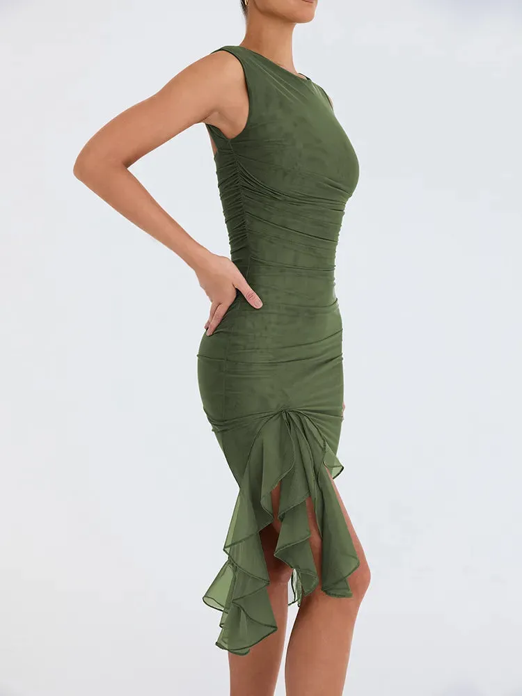 Lavender Ruched Asymmetrical Hem Midi Dress