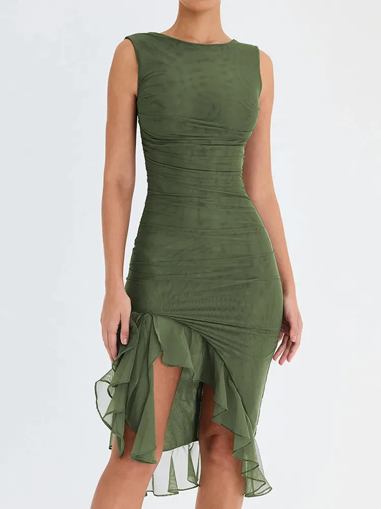 Lavender Ruched Asymmetrical Hem Midi Dress
