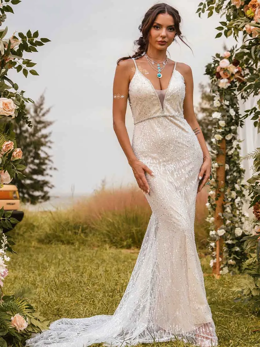 Mermaid Champagne Wedding Dress Lace Slip Glitter
