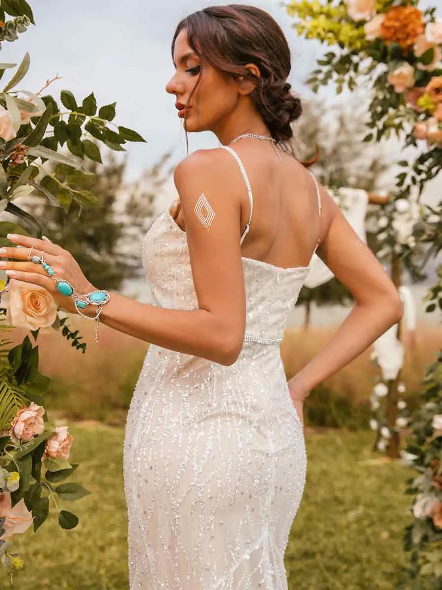 Mermaid Champagne Wedding Dress Lace Slip Glitter