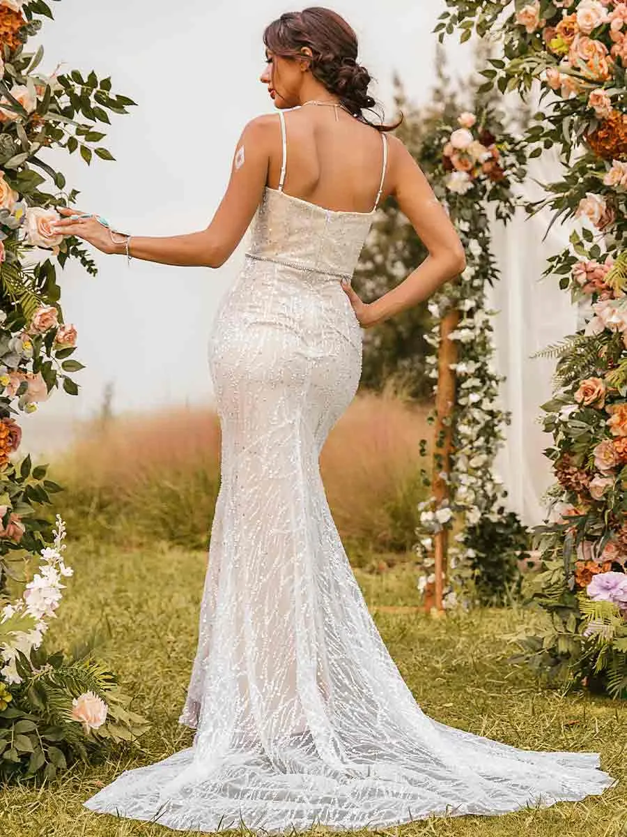 Mermaid Champagne Wedding Dress Lace Slip Glitter