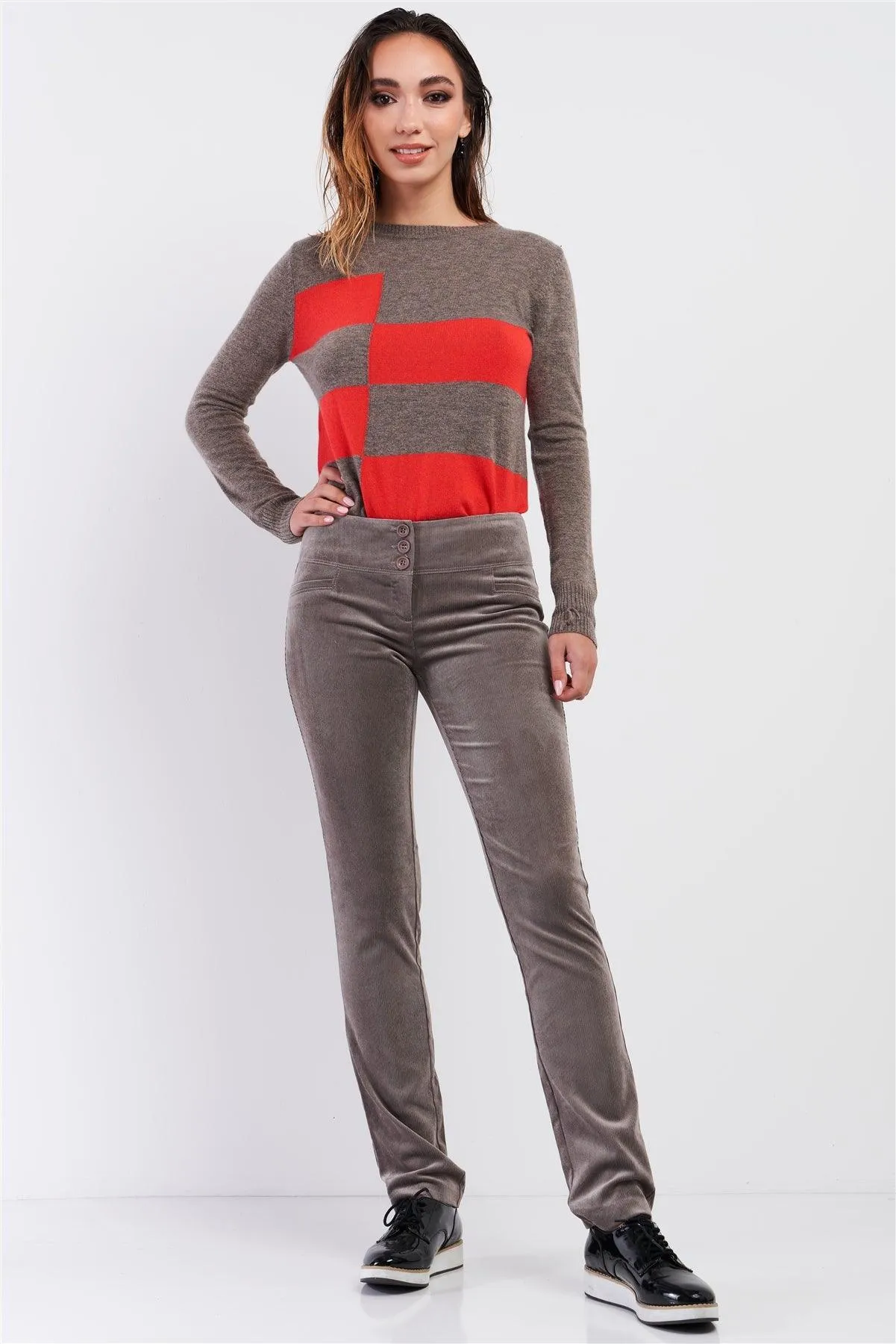 Mocha Brown Retro Corduroy Mid-Rise Front Button Down Waist Detail Slim Fit Straight Pants /2-2-2