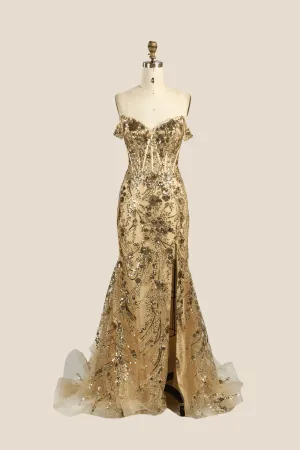 Off the Shoulder Golden Sequin Mermaid Long Dress