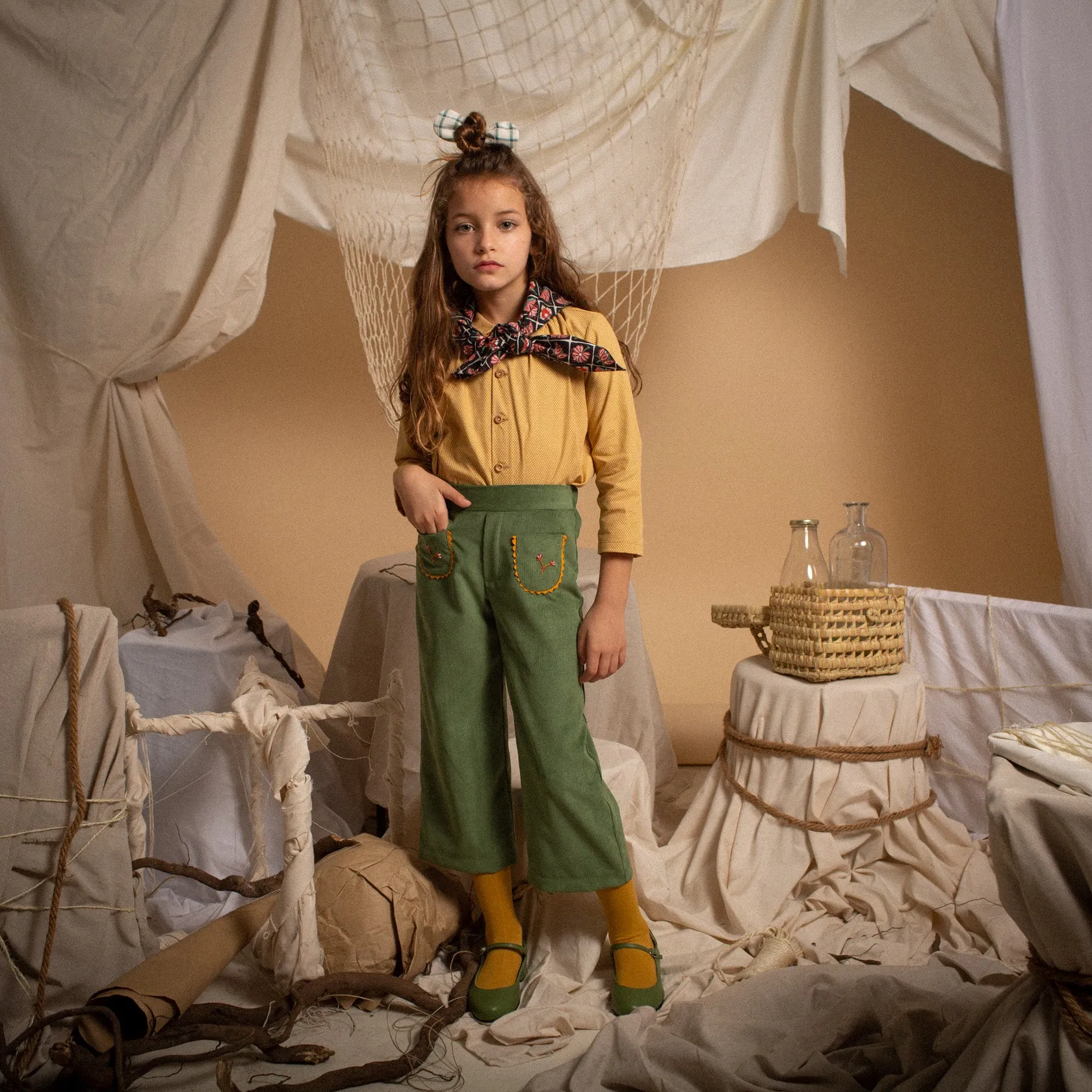 Olive corduroy embroidered bell bottom pants 12Y