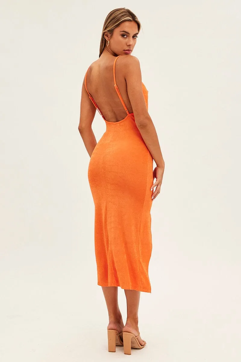 Orange Cowl Neck Slip Midi Dress