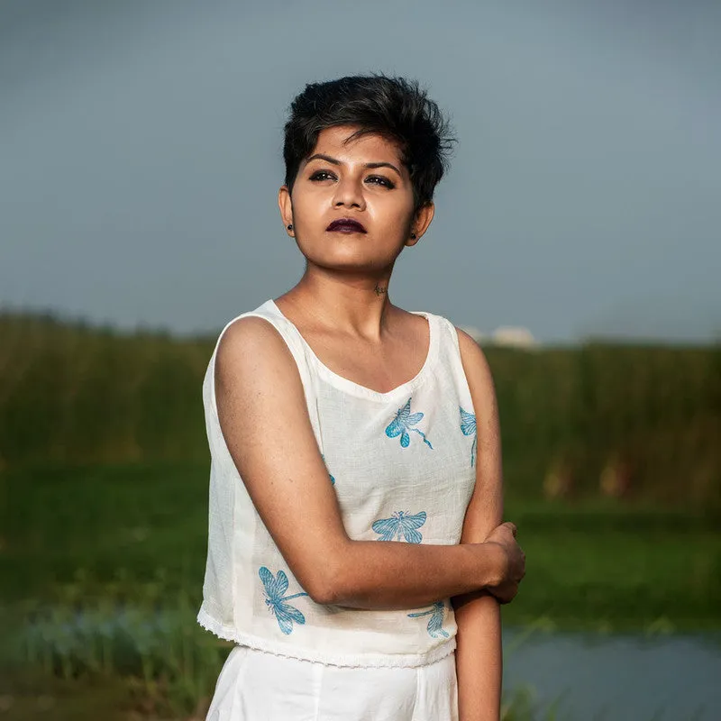 Organic Cotton Crop Top for Women | White | Block Print