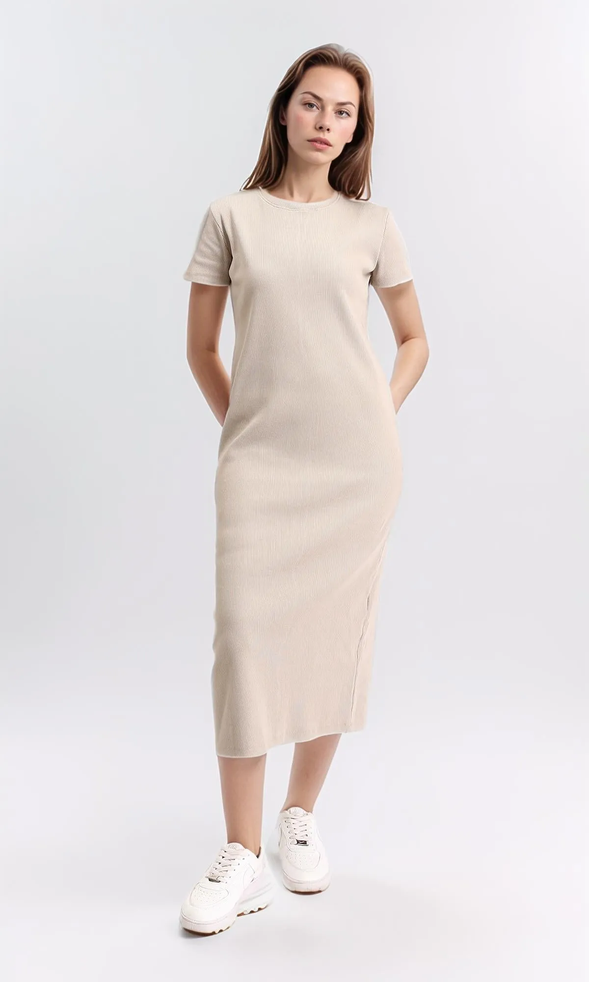 R210654 - Slip On Short Sleeves Midi Dress - Ecru