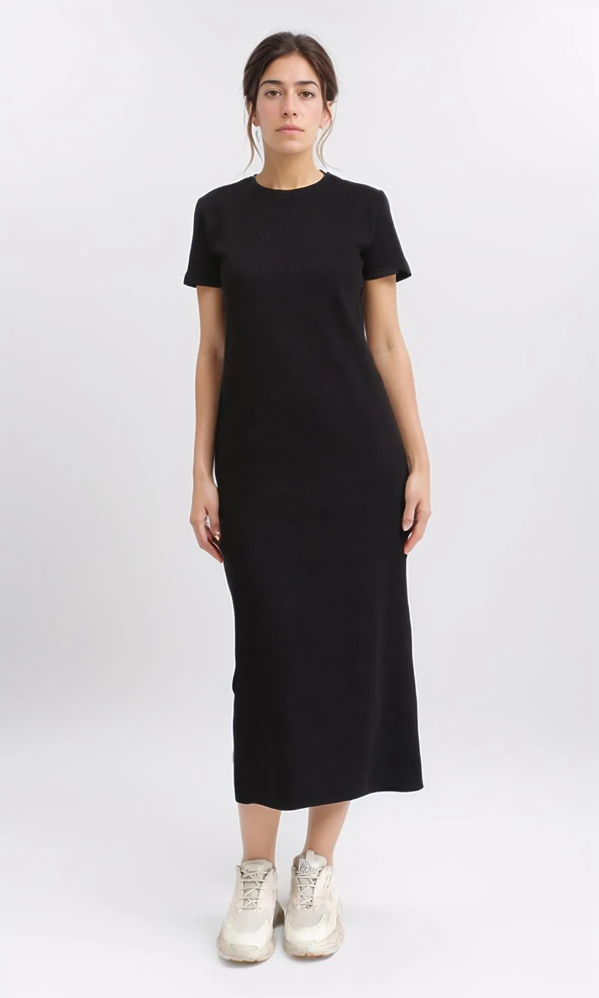R210656 - Short Sleeves Solid Midi Dress - Black