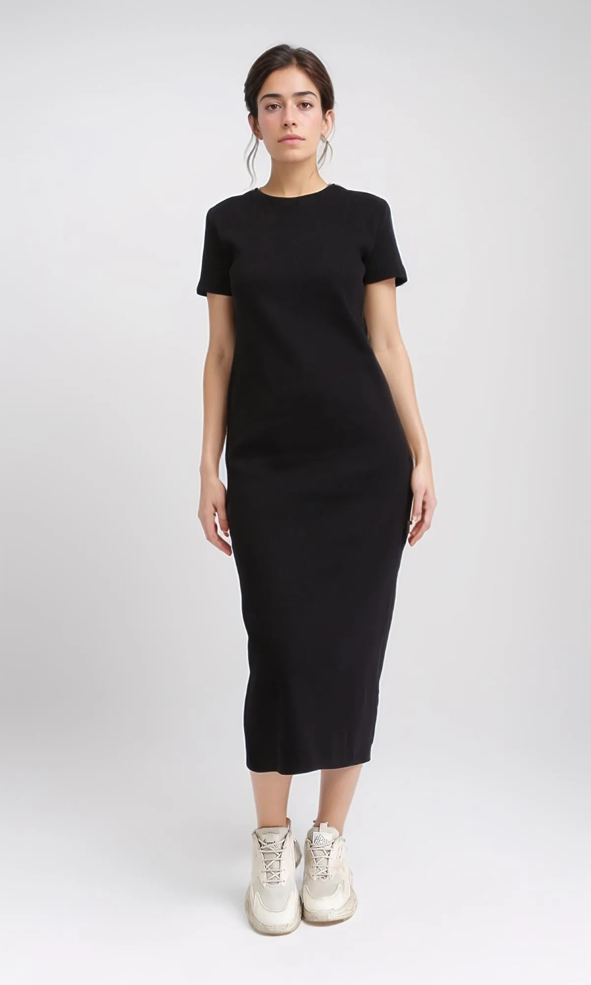 R210656 - Short Sleeves Solid Midi Dress - Black