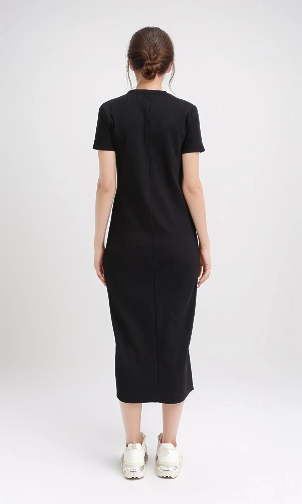 R210656 - Short Sleeves Solid Midi Dress - Black