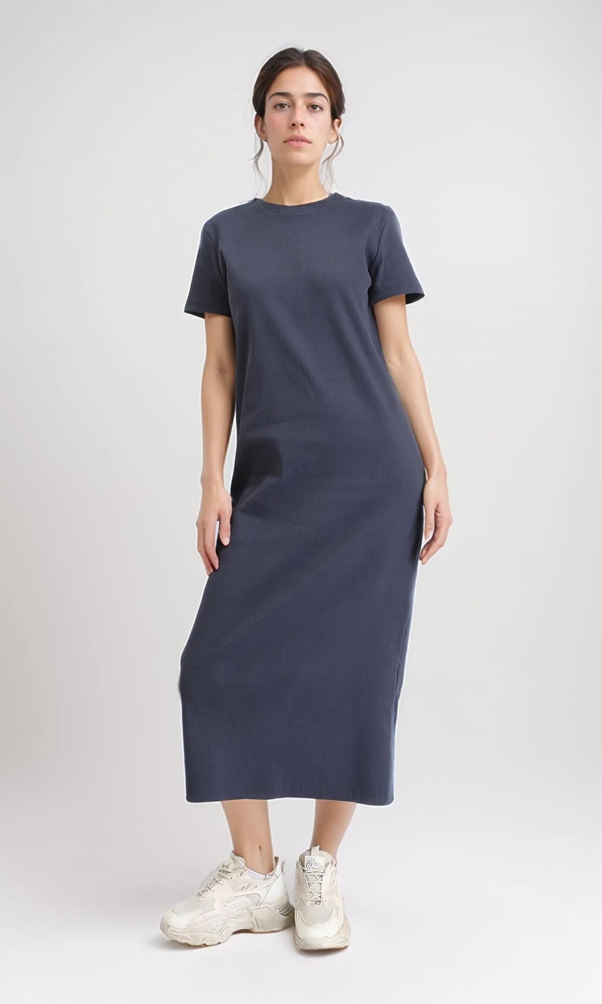 R210700 - Short Sleeves Solid Midi Dress - Dark Grey
