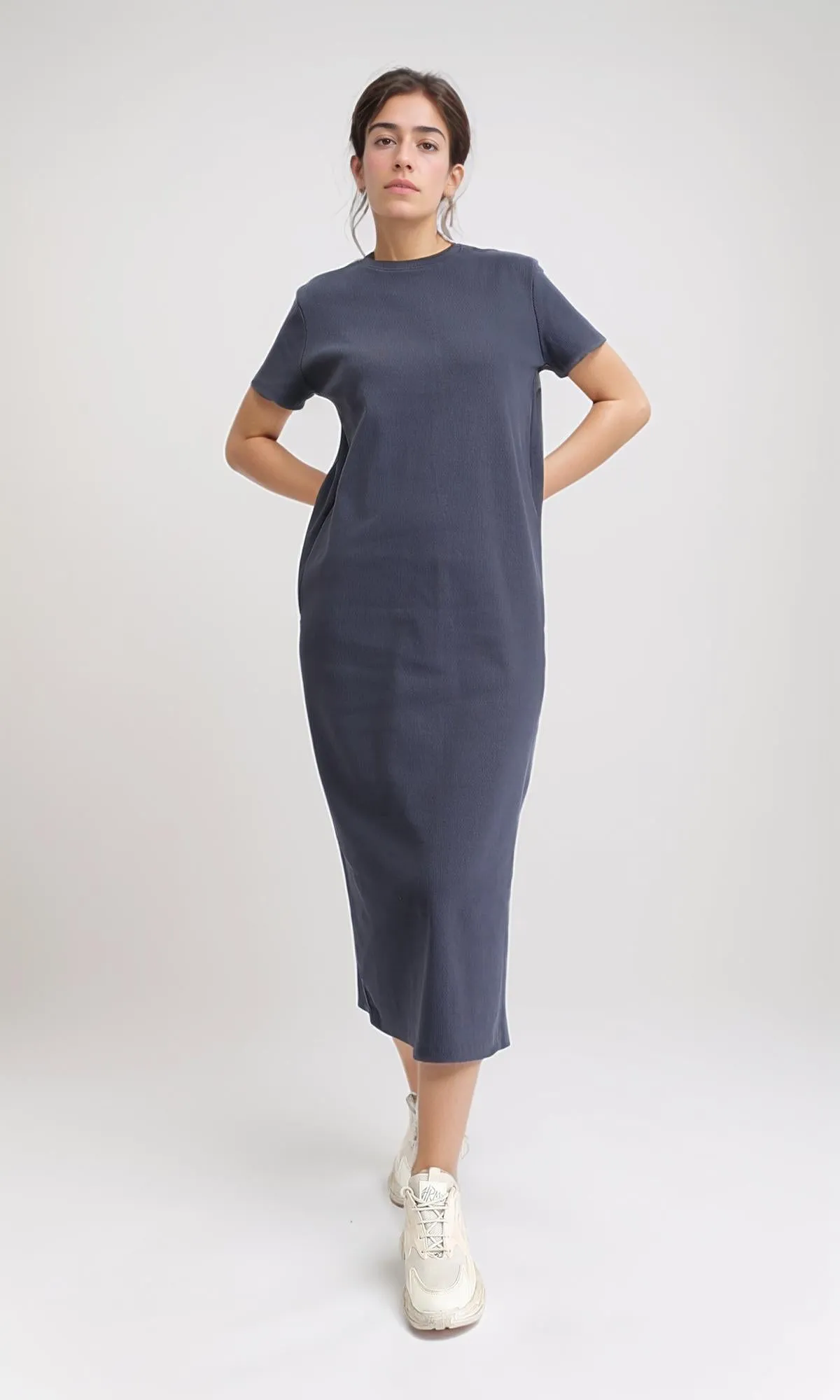 R210700 - Short Sleeves Solid Midi Dress - Dark Grey