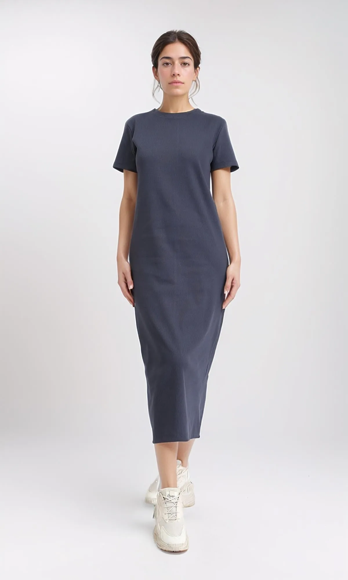 R210700 - Short Sleeves Solid Midi Dress - Dark Grey