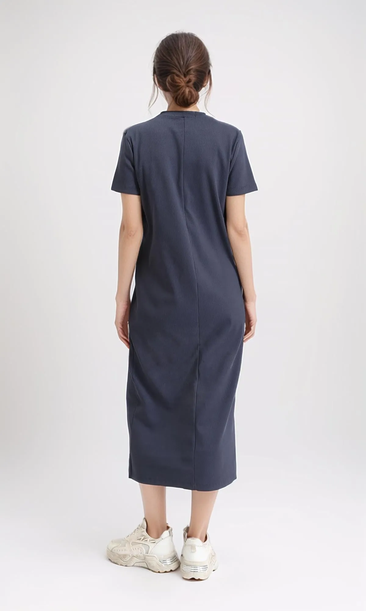 R210700 - Short Sleeves Solid Midi Dress - Dark Grey