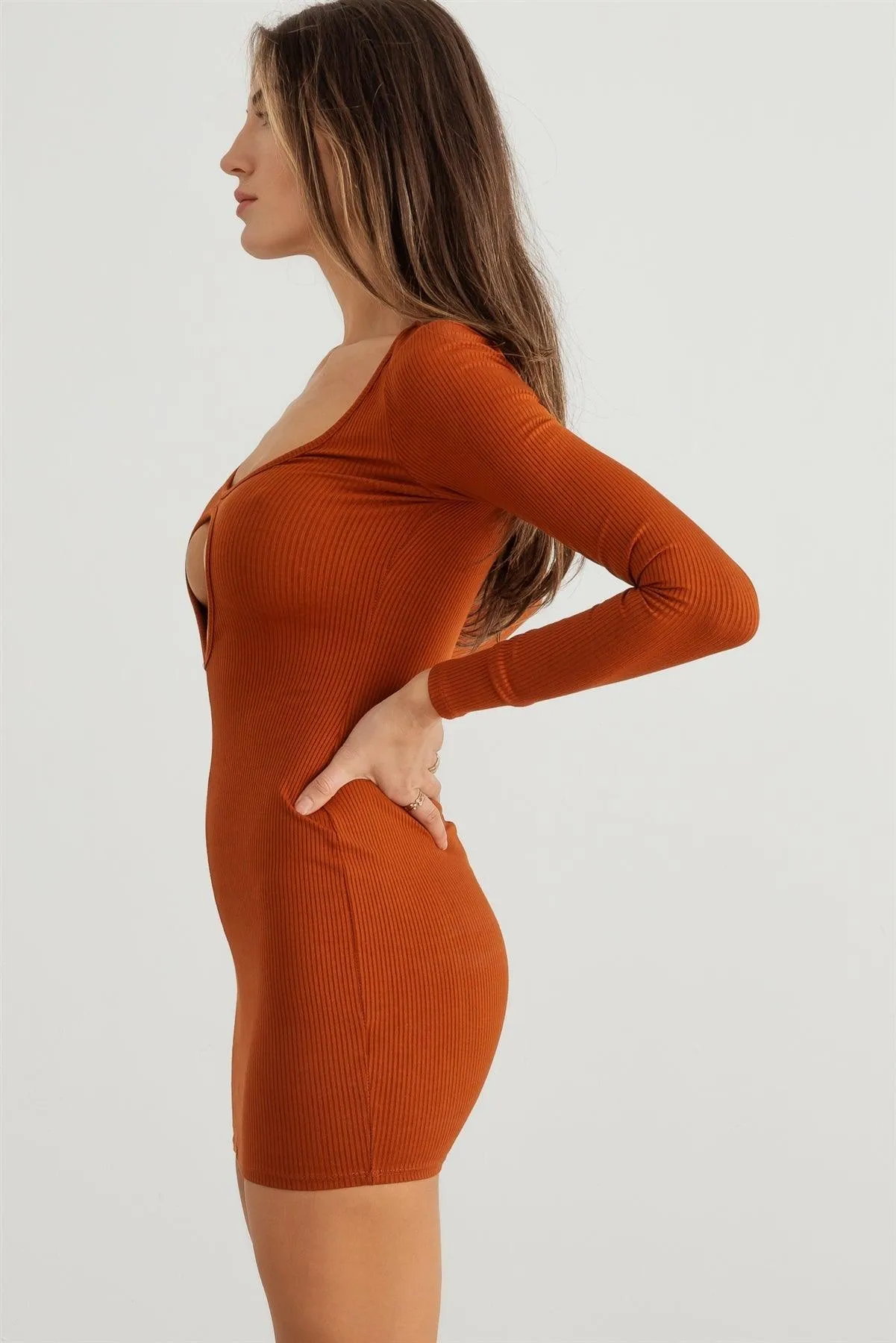 Ribbed V-Neck Cut-Out Side Long Sleeve Mini Dress