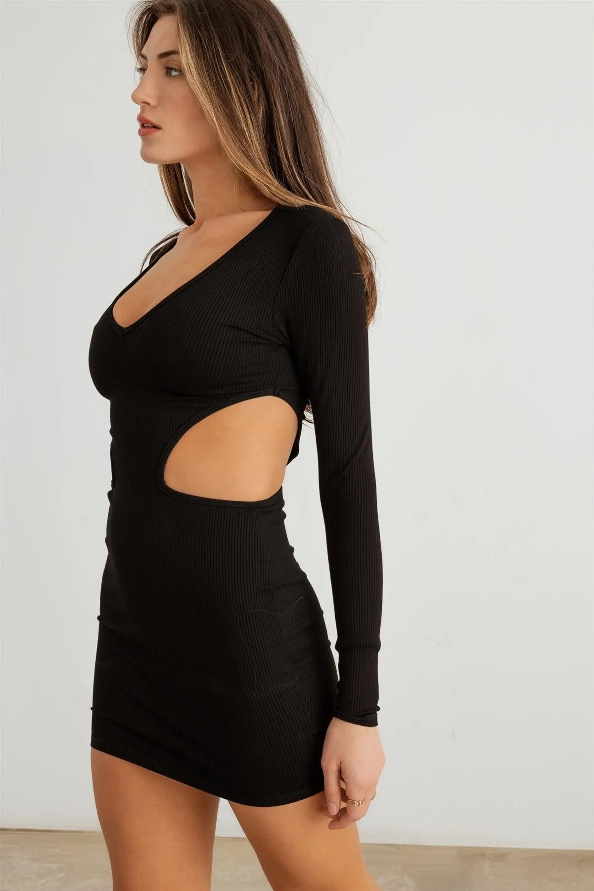 Ribbed V-Neck Cut-Out Side Long Sleeve Mini Dress