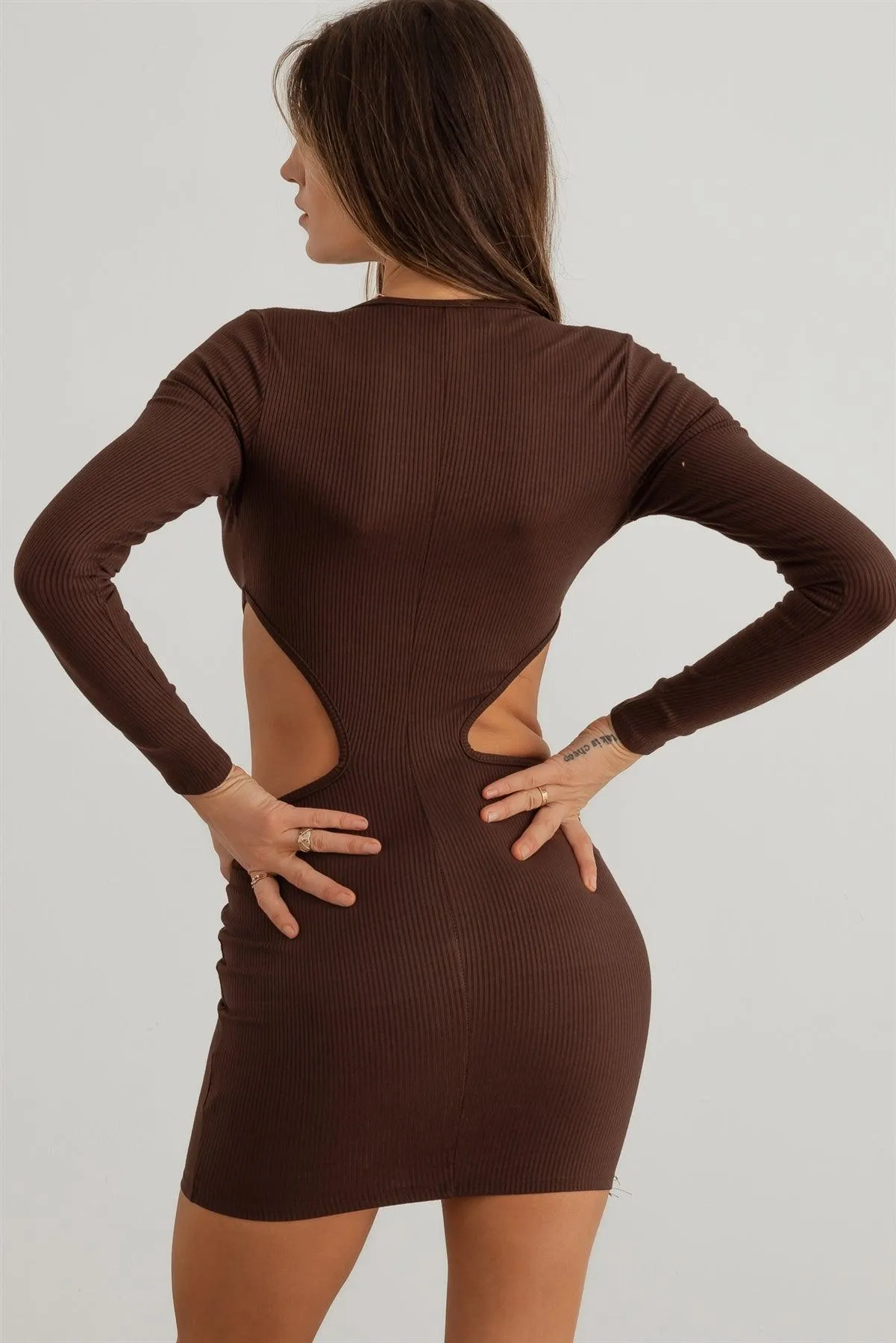 Ribbed V-Neck Cut-Out Side Long Sleeve Mini Dress