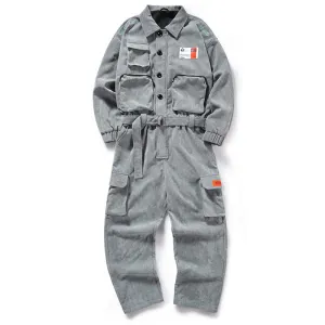 Safari Style Embroidery Patchwork Corduroy Jumpsuit