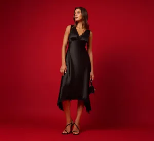 Satin Lace Midi Slip Dress In Black