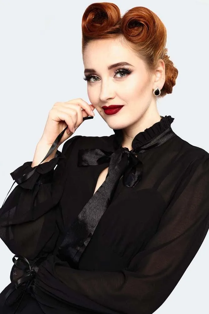 Sheer High Neck Long Sleeve Ribbon Tie Dress
