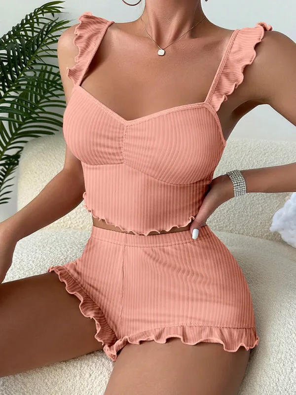 Summer Women's Frilly Loungewear Set - Cami Top & Shorts Duo