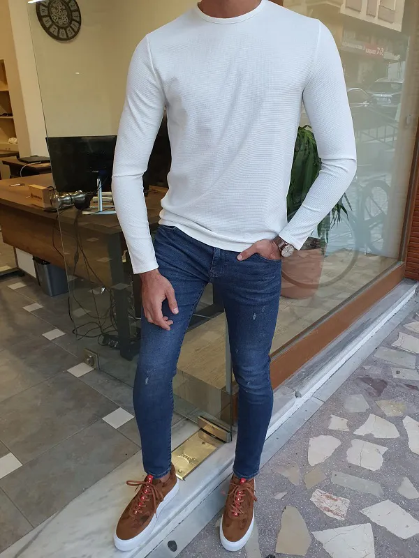 White Slim Fit Round Neck Sweater by GentWith.com