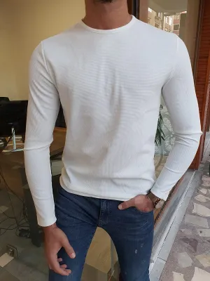 White Slim Fit Round Neck Sweater by GentWith.com