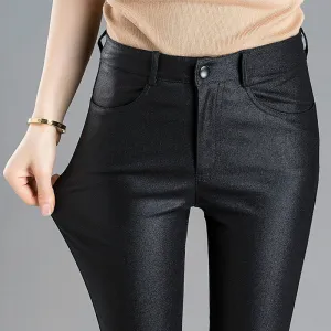 Wjczt Autumn Winter Warm Women&#39;s Pants Dropshipping Female PU Leather Velvet Trousers Elastic Pencil Skinny Pants Women&#39;s Tight Pants