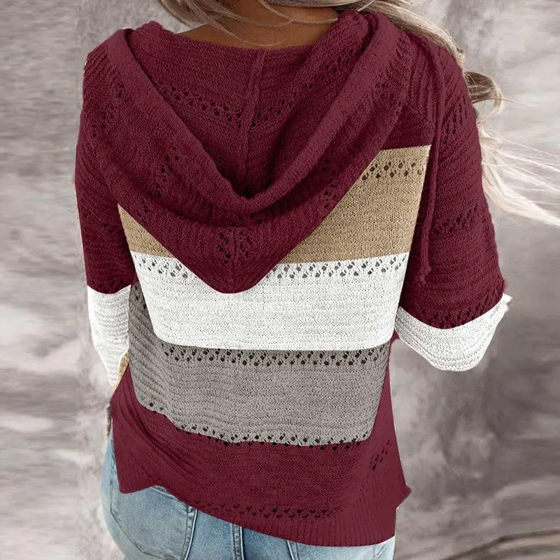 Women‘s knitted color striped hooded sweater V neck fall pullover sweater