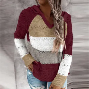 Women‘s knitted color striped hooded sweater V neck fall pullover sweater