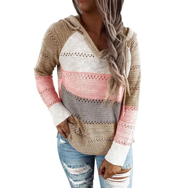 Women‘s knitted color striped hooded sweater V neck fall pullover sweater