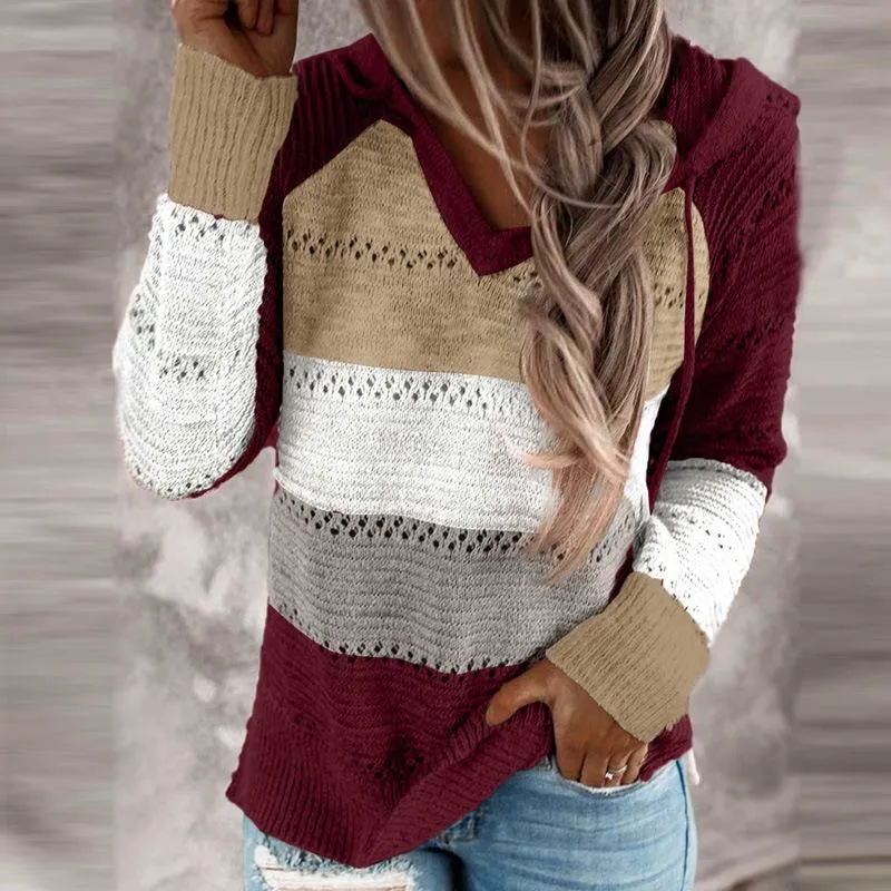 Women‘s knitted color striped hooded sweater V neck fall pullover sweater