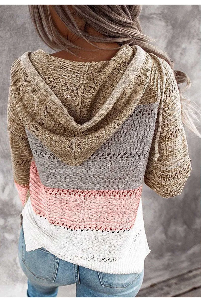 Women‘s knitted color striped hooded sweater V neck fall pullover sweater