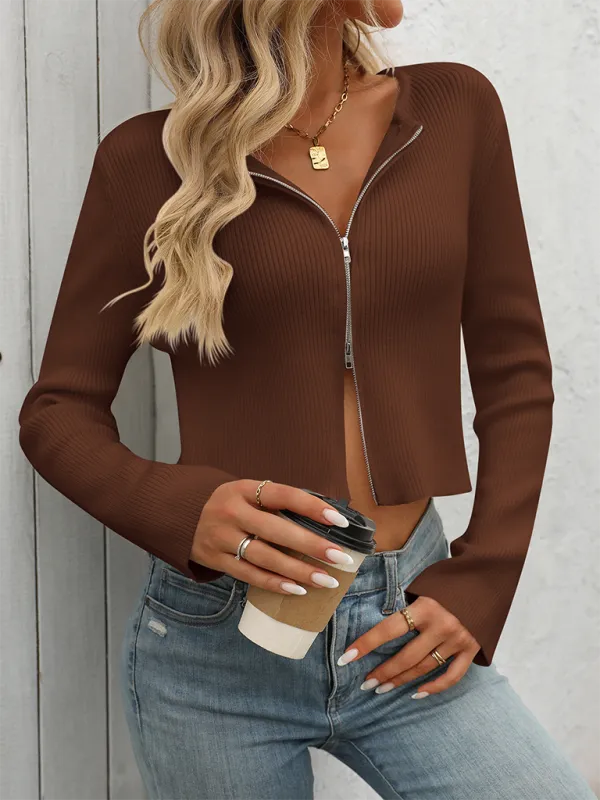 Women's Ribbed Zip-Up Crop Cardigan Sweater