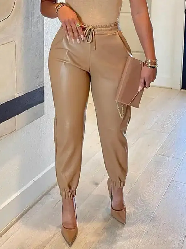 Women’s Solid Color Faux Leather Drawstring Pants