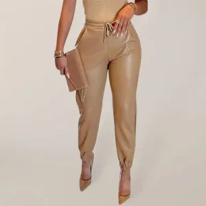 Women’s Solid Color Faux Leather Drawstring Pants