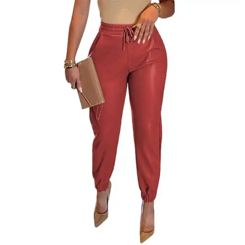 Women’s Solid Color Faux Leather Drawstring Pants