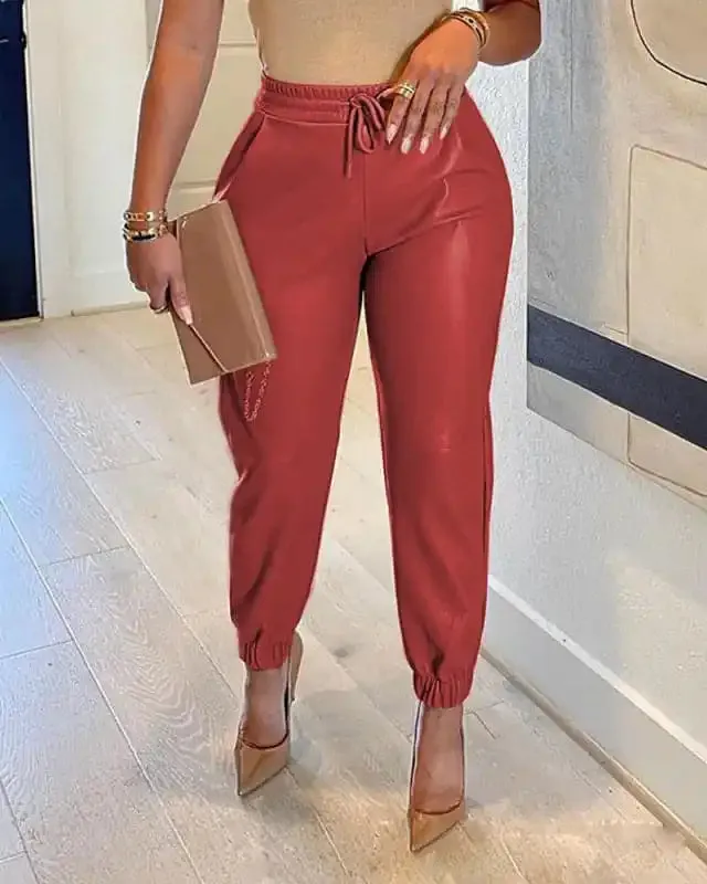 Women’s Solid Color Faux Leather Drawstring Pants