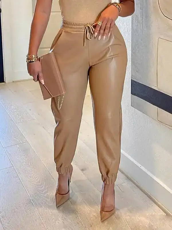Women’s Solid Color Faux Leather Drawstring Pants